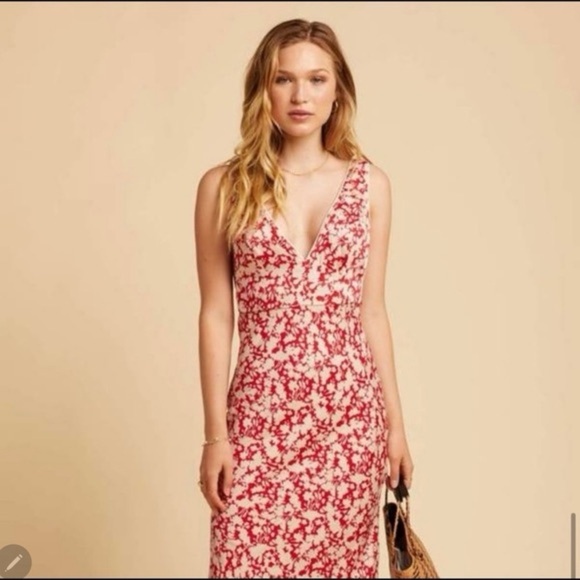 NWT Free People Red Cream Floral Deep Vneck Midi Dress size 2 - Picture 15 of 15